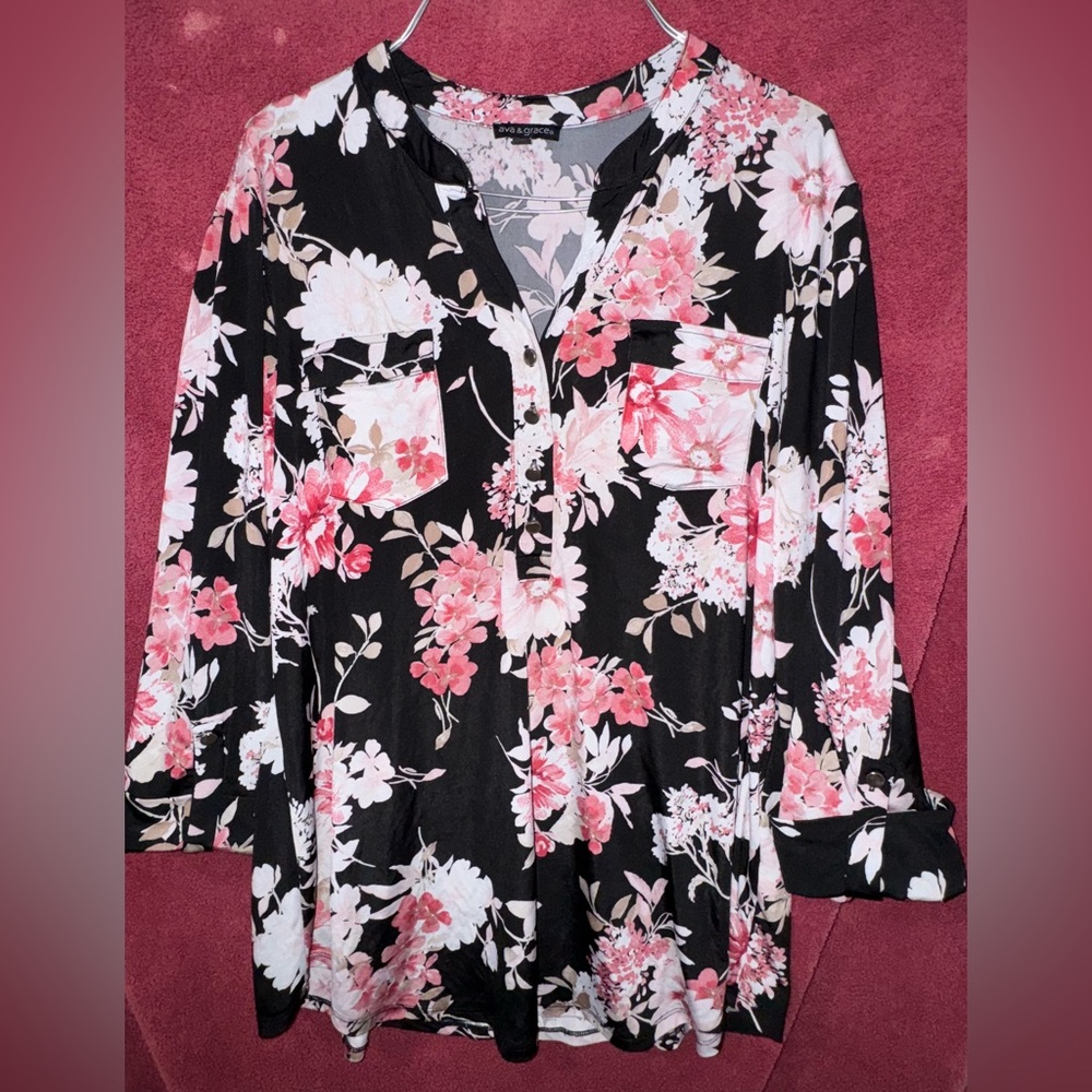 Max Studio Black and Pink Floral Blouse